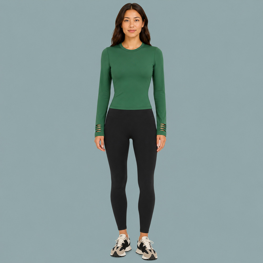 Carbon38 Size Small S Green Crew Neck Long Sleeve Fitted Active Athletic Top Shi
